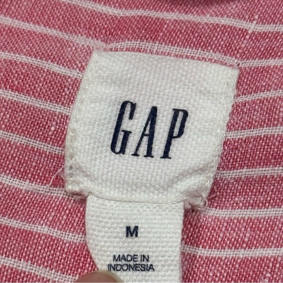 Gap Pink & White Linen Striped Tunic Blouse Size M Collared V Neck - Picture 2 of 7